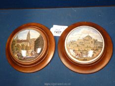 Two 19th Century Pratt pot lids in fitted mahogany frames, one of the Philadelphia exhibition 1876.