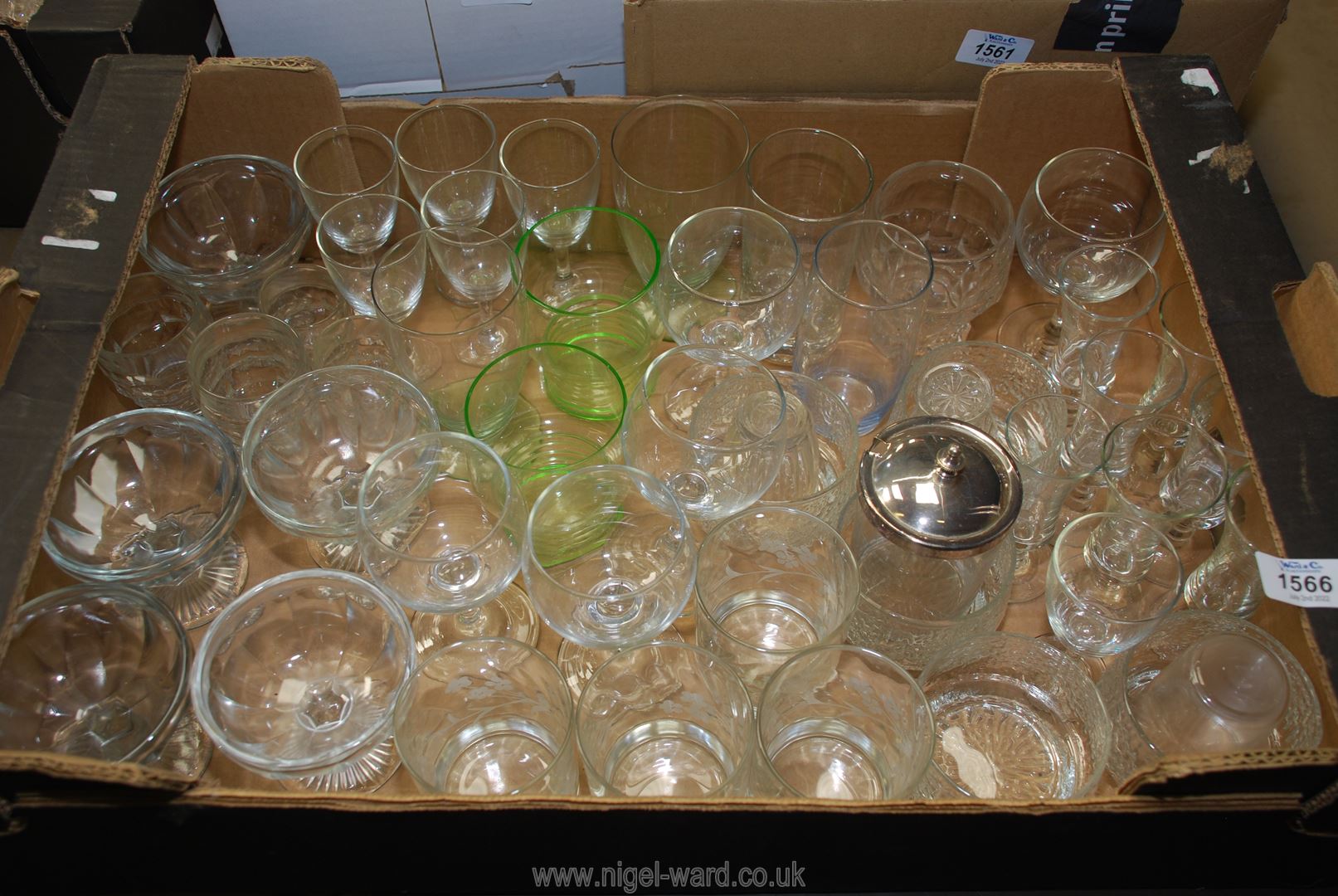 A quantity of glass including sundae dishes, engraved tumblers, sherry glasses, green glasses etc.