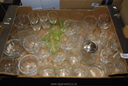 A quantity of glass including sundae dishes, engraved tumblers, sherry glasses, green glasses etc.