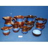 A quantity of various sized lustre jugs all with blue bands, one handle a/f,