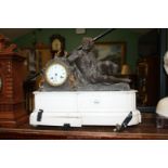 A white marble plinthed Spelter figural mantel Clock,