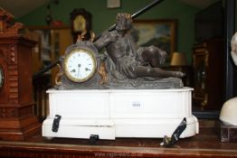 A white marble plinthed Spelter figural mantel Clock,