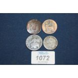 Four old coins including 1891 half penny, a 1816 ancient Rome coin, a 1739 George II half penny,