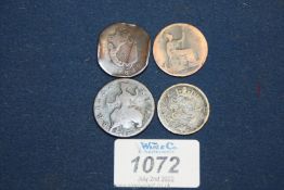 Four old coins including 1891 half penny, a 1816 ancient Rome coin, a 1739 George II half penny,