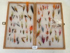 A large wooden Fly Box with 60 large Salmon and Sea Trout flies and a quantity of Trout Crane flies