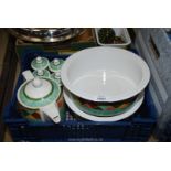 Two Royal Doulton vegetable dishes, a Royal Doulton teapot and five herb pots,