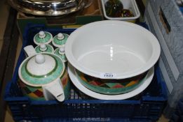 Two Royal Doulton vegetable dishes, a Royal Doulton teapot and five herb pots,