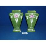 A pair of Shelley Art Nouveau vases in green with Celtic style decoration and pink rose,