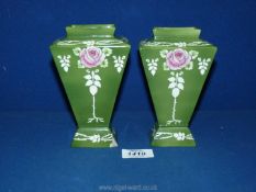 A pair of Shelley Art Nouveau vases in green with Celtic style decoration and pink rose,