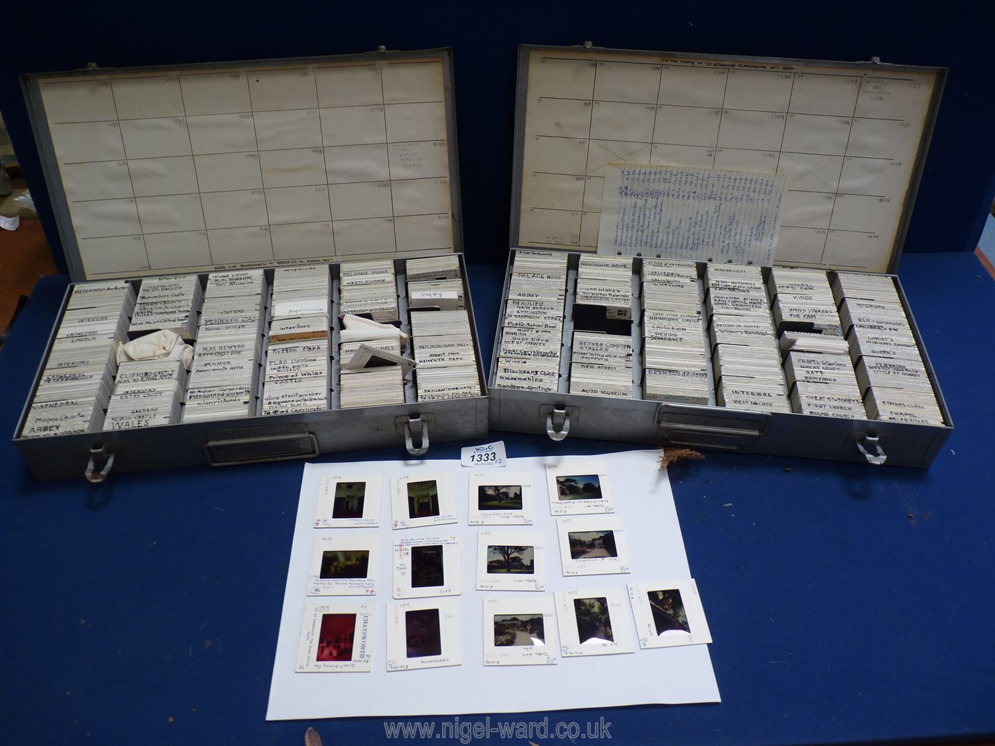Two metal cases of film slides including York, Sevenoaks, Appleby Castle, Skipton, Clifford Castle,