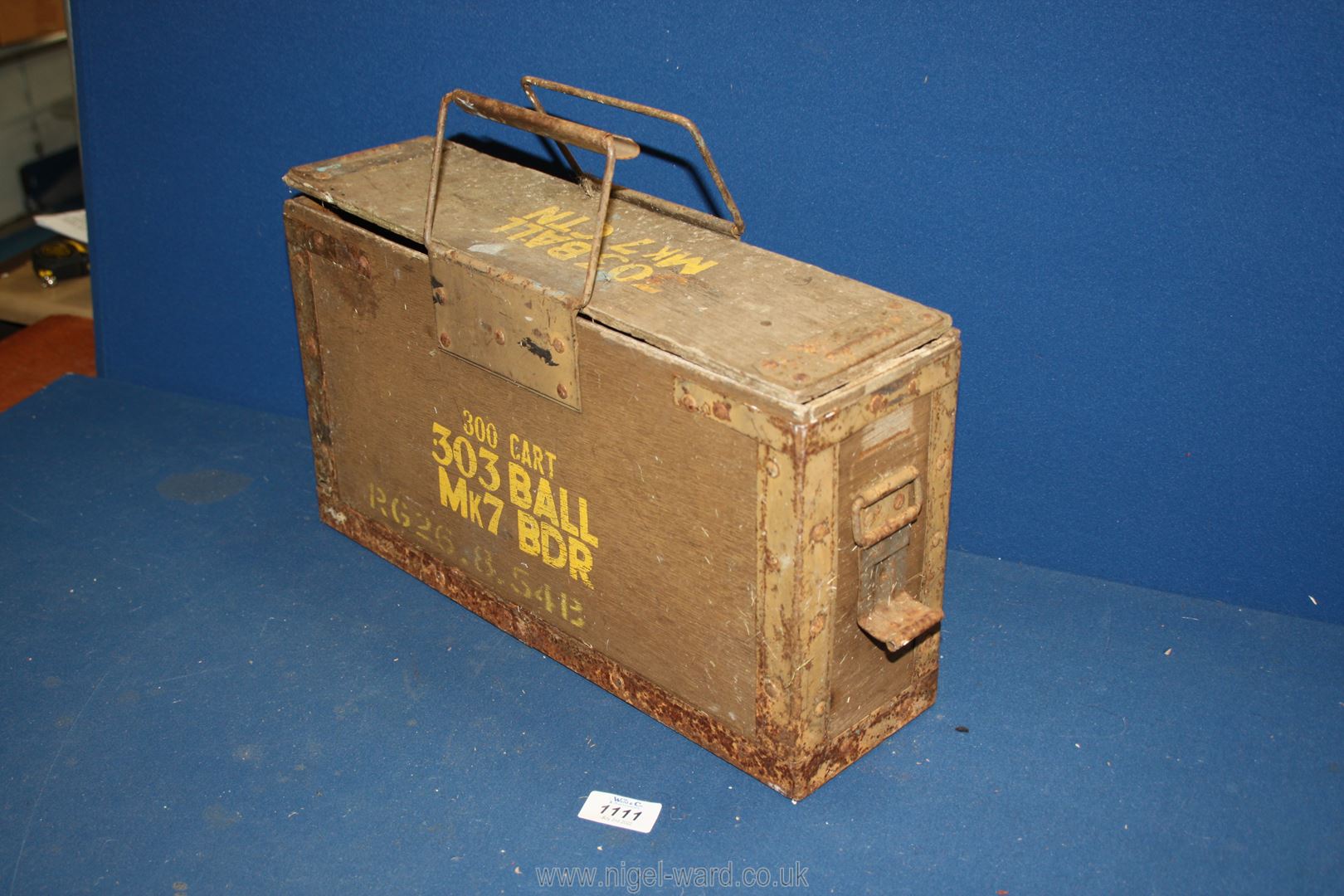 A 303 ball Mk 7 CTN Ammunition box, 16'' wide x 9'' high x 5'' deep. - Image 2 of 2