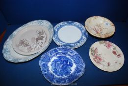 A quantity of plates including a large meat plate, Poole plate, two Adderleys blue and white plates,