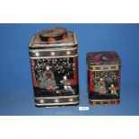 Two large vintage oriental tea Tins, 12" and 7½" tall.