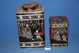 Two large vintage oriental tea Tins, 12" and 7½" tall.