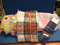 A large Scottish Balbirnie blanket in pink/blue, a crochet double bed blanket a/f.