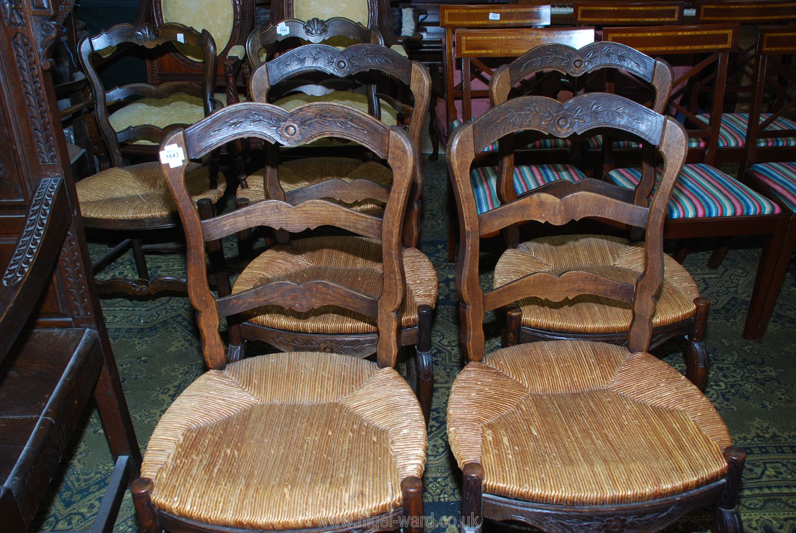 A set of four unusual seagrass seated Dining Chairs having ladder backs and carved top rail - Image 2 of 2