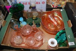 A quantity of glass including Gozo peach wave effect vase, heavy scent bottle with blue floral base,