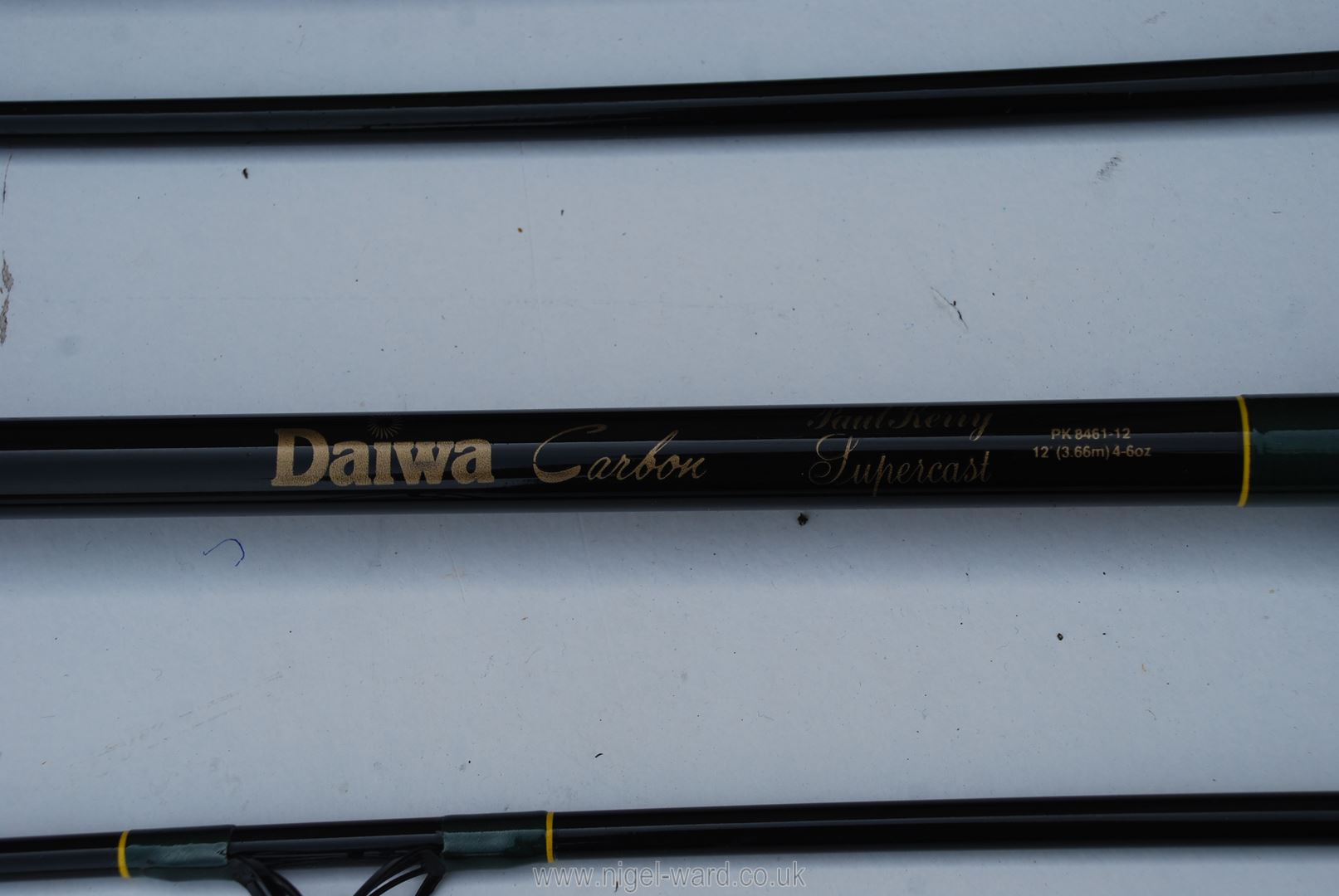 Two Daiwa Paul Kerry Supercast beach rods, one marked 'T. Downey', both 12', one in canvas sleeve. - Image 2 of 3
