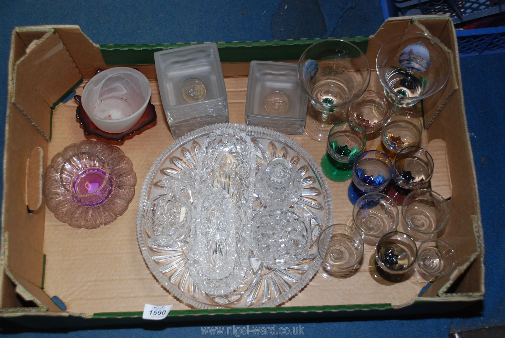 A box of mixed glass to include dressing table set, night light holders, green stemmed glasses,