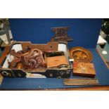 A box of treen including elaborately carved brackets, wooden plate, African carved figure, etc,