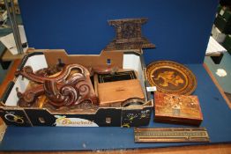 A box of treen including elaborately carved brackets, wooden plate, African carved figure, etc,