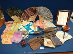 A quantity of miscellaneous items including a small mirror, child's leather gloves, fans, scarves,