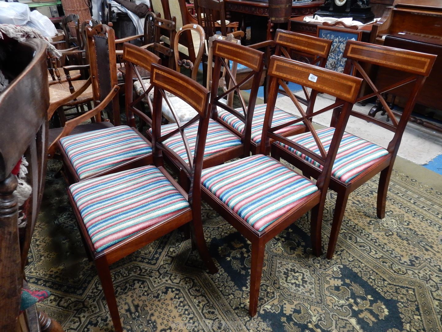 A set of six elegant Mahogany framed Dining Chairs having cross back-splats surmounted by light and