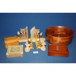 A large mixed wood fruit bowl (10" diameter), playing card box, Mahogany slide lid box,