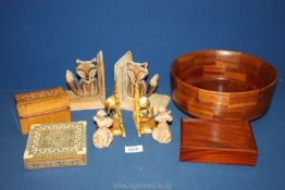 A large mixed wood fruit bowl (10" diameter), playing card box, Mahogany slide lid box,