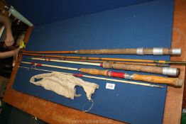 Three vintage fishing rods one being Allcocks and two fibreglass, a/f.
