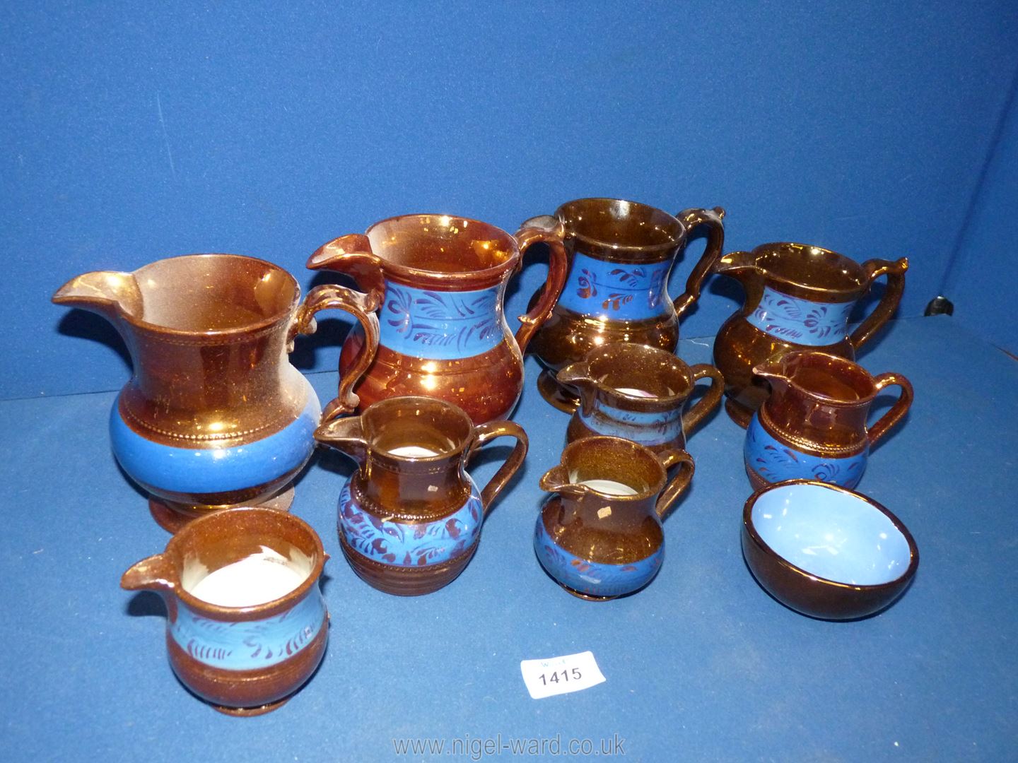 A quantity of various sized lustre jugs all with blue bands, one handle a/f, - Image 2 of 2