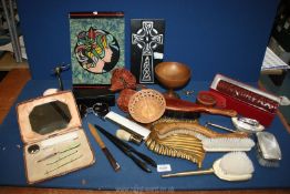 A quantity of miscellaneous to include Celtic cross, painted glass panel,