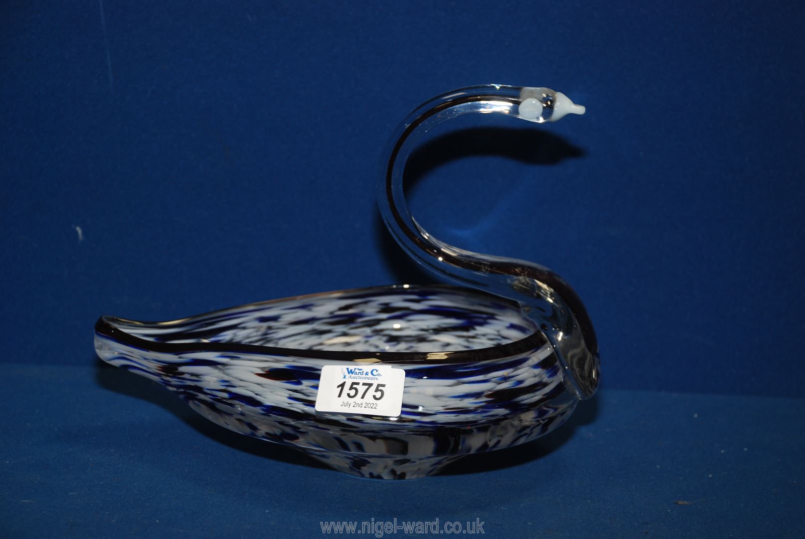 An impressive Murano heavy swan shaped bowl, decorated in blue mottled design, 9 1/2" long.