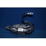 An impressive Murano heavy swan shaped bowl, decorated in blue mottled design, 9 1/2" long.