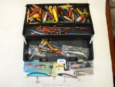 A large two tier Tackle Box and contents of over 50 Devon Minnows and rigs, vintage weights,