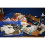 A tray of miscellanea including silk scarves, white metal dressing table set, boxed fan,