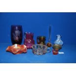 A small quantity of coloured glass including mauve vase with etched rose,