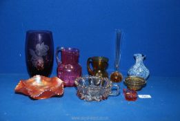 A small quantity of coloured glass including mauve vase with etched rose,