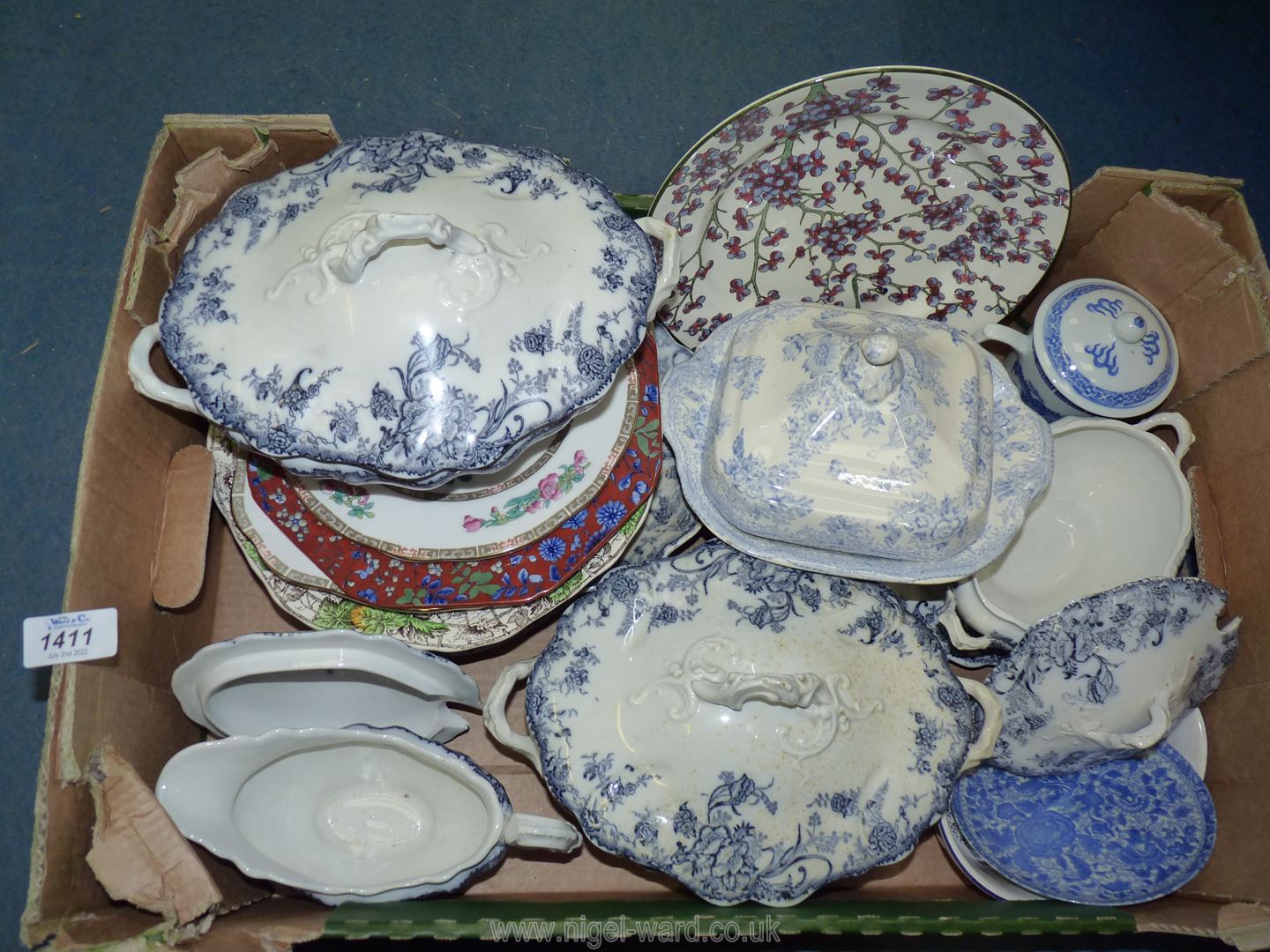 A quantity of china in blue and white etc including tureen, sauce boat, plates,