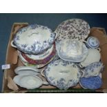 A quantity of china in blue and white etc including tureen, sauce boat, plates,