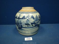 An old oriental Ginger Jar (no lid) with blue and white landscape scene detail,