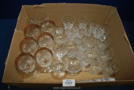 A quantity of glasses including Brierley: six shot, six tumblers etc, four etched glasses,