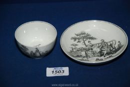 An early Worcester porcelain Tea Bowl and Saucer with 'The Tea Party' prints after Robert Hancock,