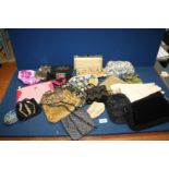 A quantity of purses and clutch bags including sequin, pink Radley bag, evening bags,