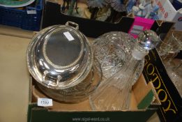 A glass decanter, two glass bowls and an Elkington plated entree dish.