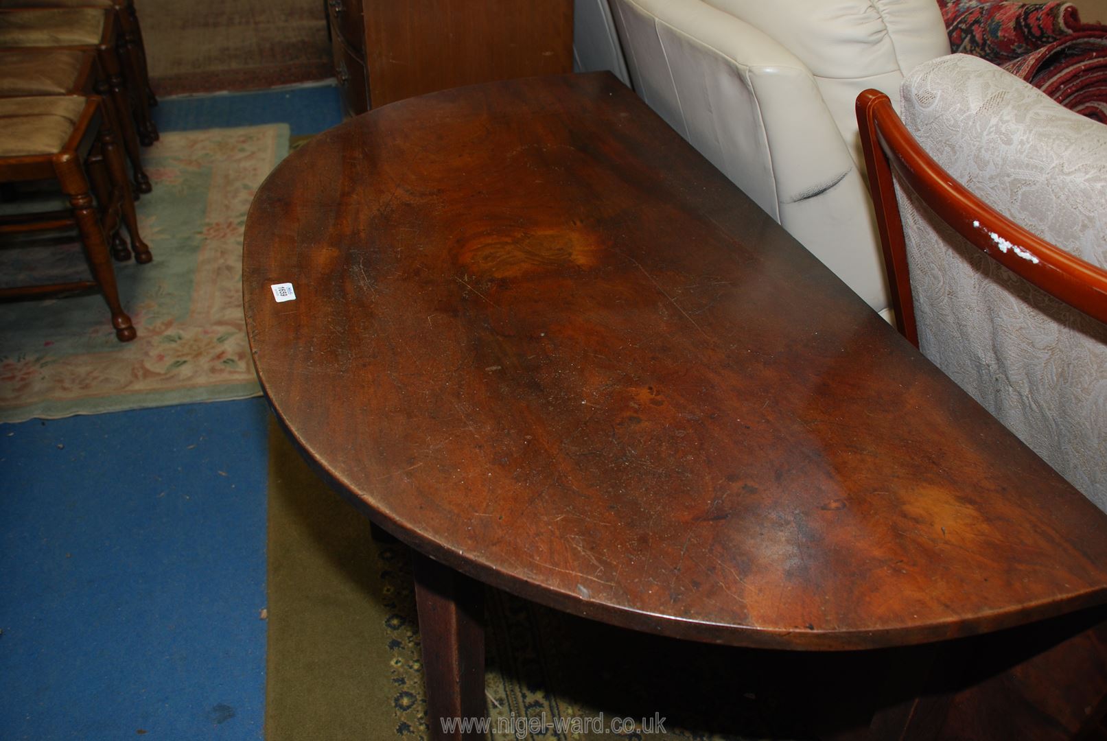 A most unusual and surprisingly heavy Mahogany demi-lune side Table with a rear hinged drop-leaf - Image 3 of 3