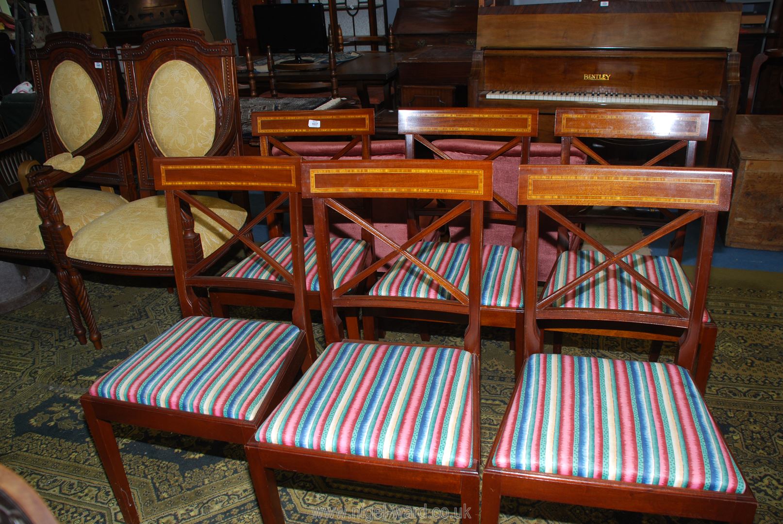 A set of six elegant Mahogany framed Dining Chairs having cross back-splats surmounted by light and - Image 3 of 3