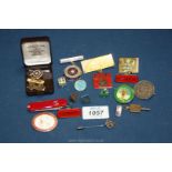 Miscellaneous enamel badges, East India Company 1835 Rupee, penknife etc.