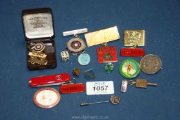 Miscellaneous enamel badges, East India Company 1835 Rupee, penknife etc.