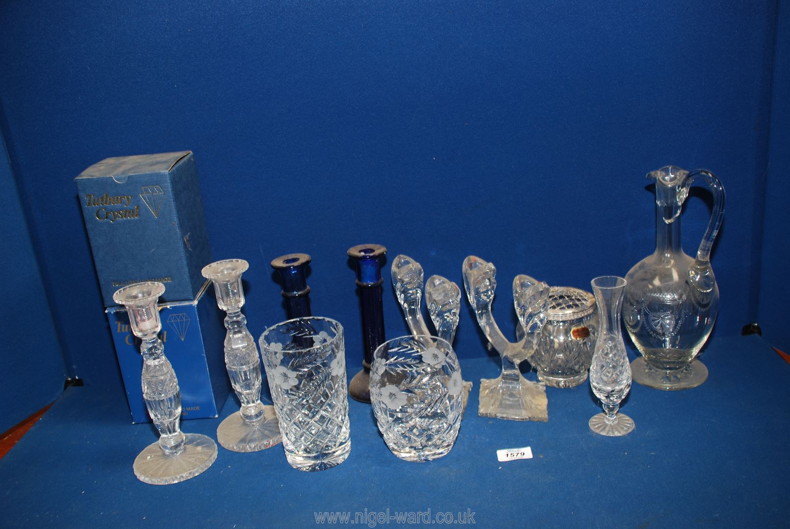 A pair of Bohemia crystal twin candelabra, Tutbury vases, rose bowl, claret jug,